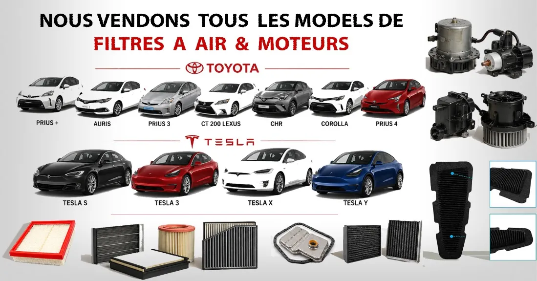 Affiche : filtres à air et pulseurs pour Toyota (Prius, Auris, CT 200h Lexus, C-HR, Corolla) et Tesla (Model S, 3, X, Y).